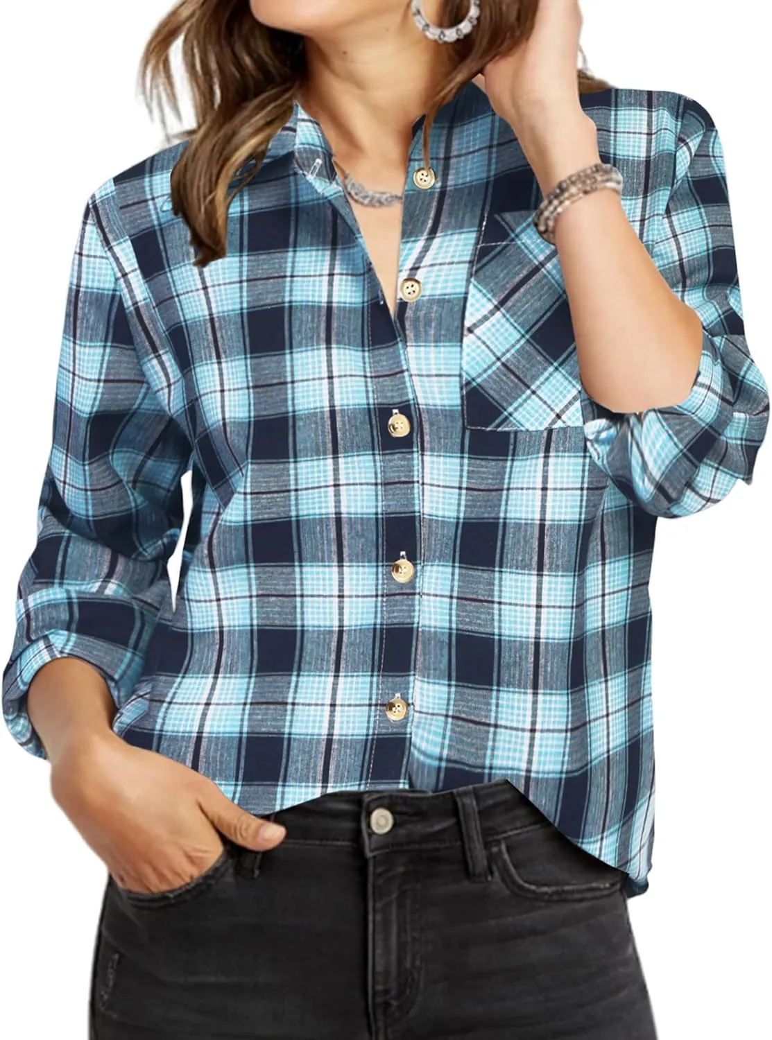 Zeagoo Womens Plaid Shirts Cotton Classic Long Sleeve Button Down Collared Casual Tops Lightweight Autumn Blouses