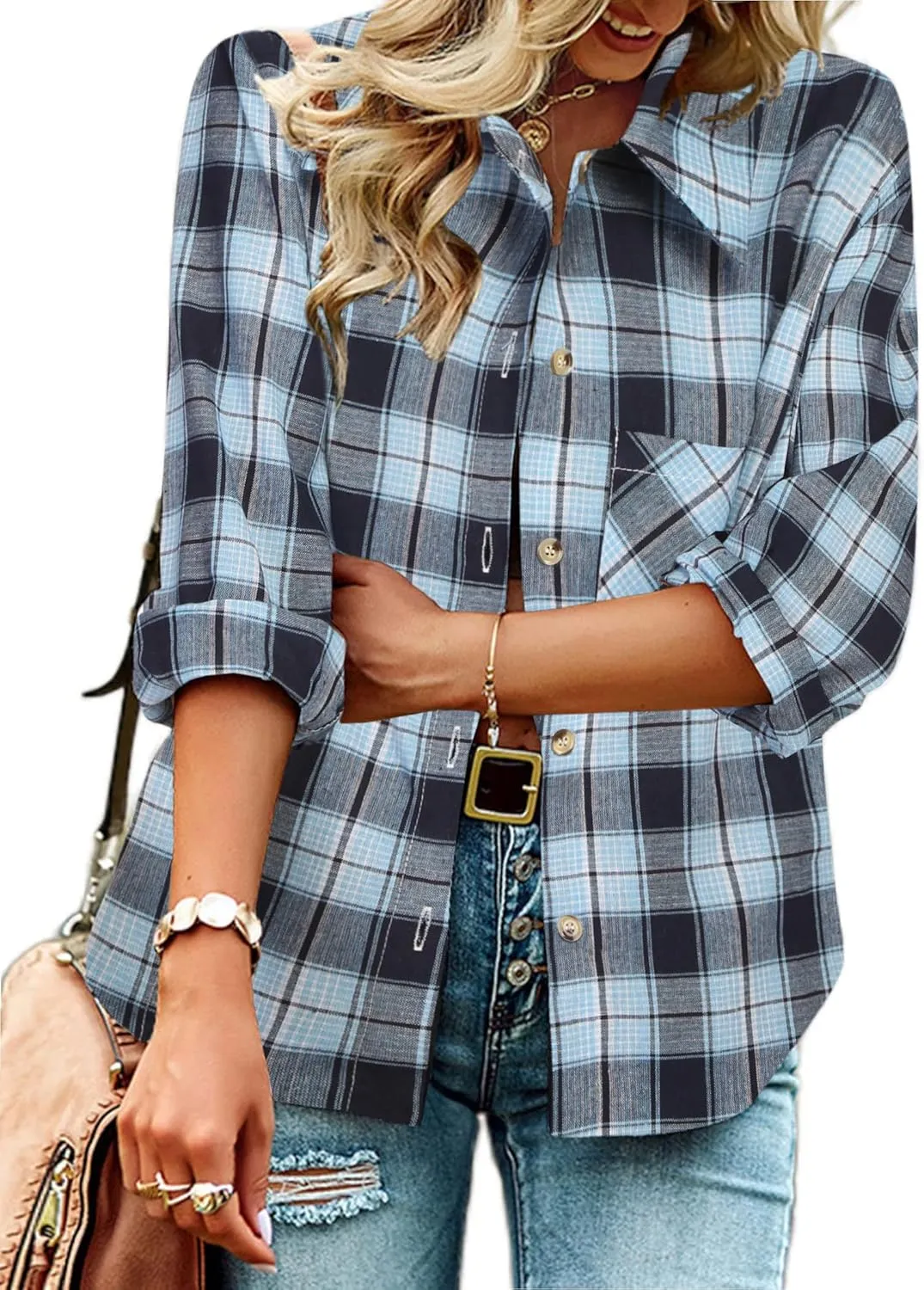 Zeagoo Womens Plaid Shirts Cotton Classic Long Sleeve Button Down Collared Casual Tops Lightweight Autumn Blouses