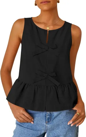 ZESICA Women's Summer Sleeveless Tank Tops Crewneck Tie Front Loose Flowy Ruffle Peplum Babydoll Blouses