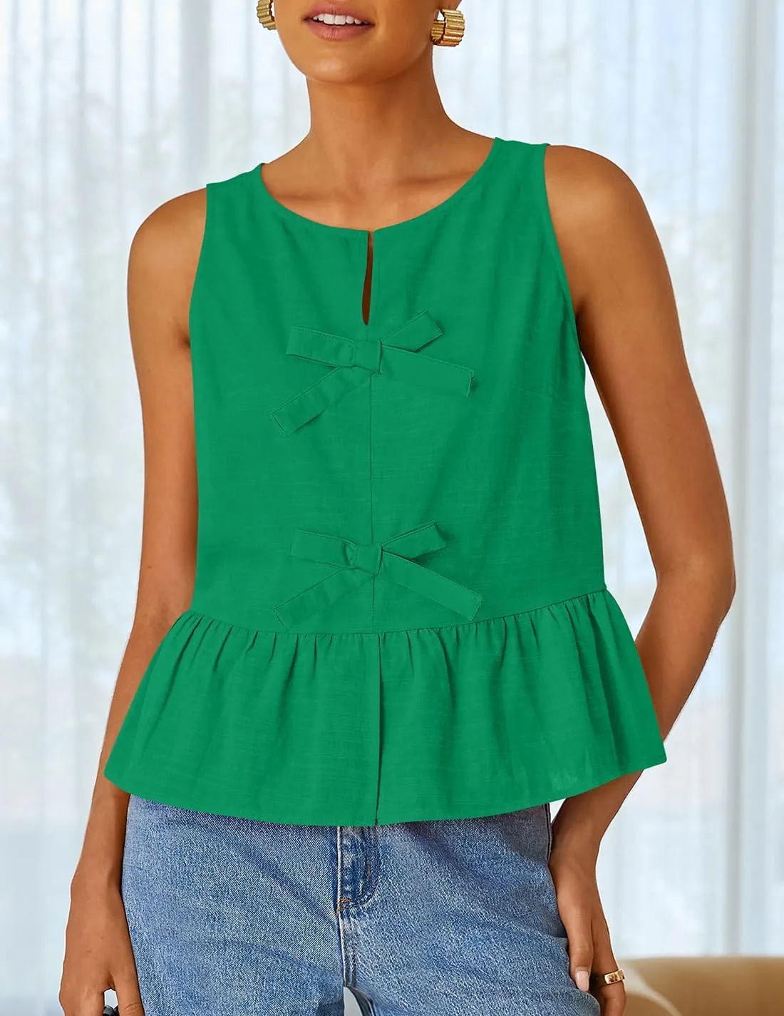 ZESICA Women's Summer Sleeveless Tank Tops Crewneck Tie Front Loose Flowy Ruffle Peplum Babydoll Blouses