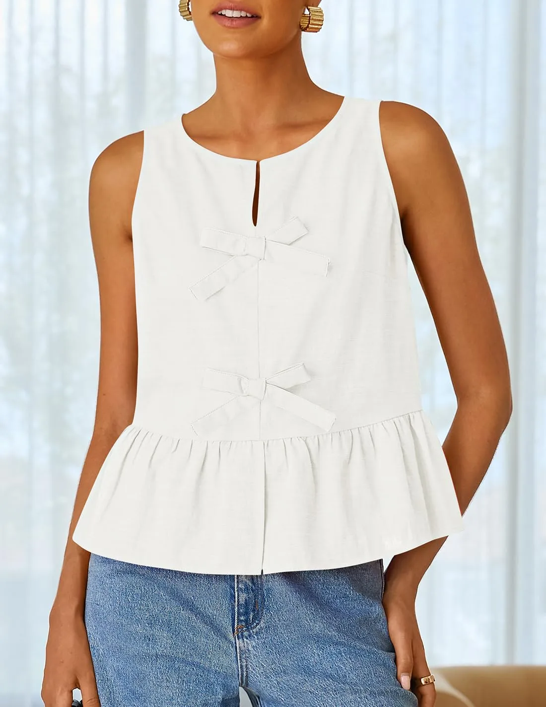 ZESICA Women's Summer Sleeveless Tank Tops Crewneck Tie Front Loose Flowy Ruffle Peplum Babydoll Blouses