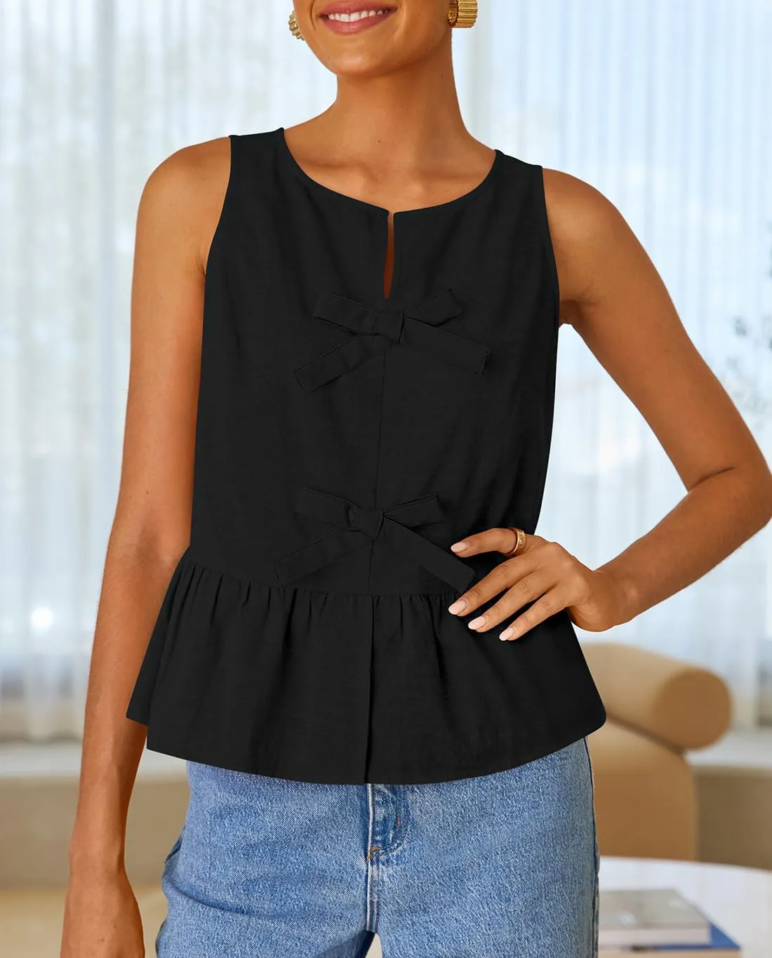 ZESICA Women's Summer Sleeveless Tank Tops Crewneck Tie Front Loose Flowy Ruffle Peplum Babydoll Blouses