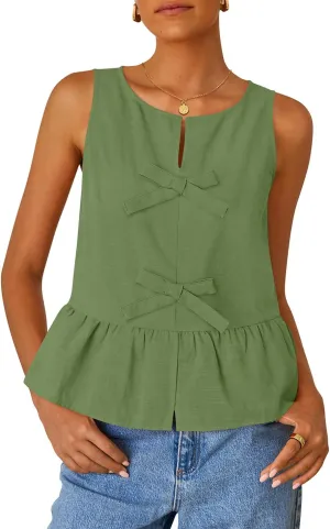 ZESICA Women's Summer Sleeveless Tank Tops Crewneck Tie Front Loose Flowy Ruffle Peplum Babydoll Blouses