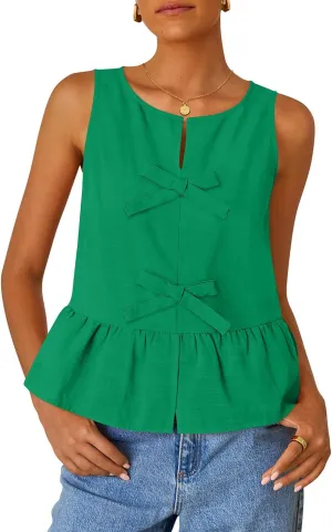 ZESICA Women's Summer Sleeveless Tank Tops Crewneck Tie Front Loose Flowy Ruffle Peplum Babydoll Blouses