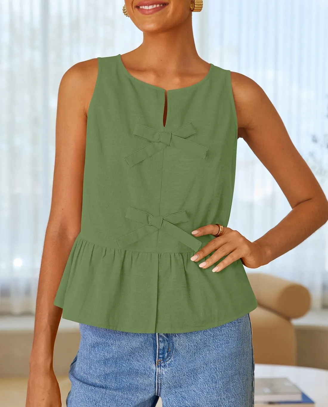 ZESICA Women's Summer Sleeveless Tank Tops Crewneck Tie Front Loose Flowy Ruffle Peplum Babydoll Blouses