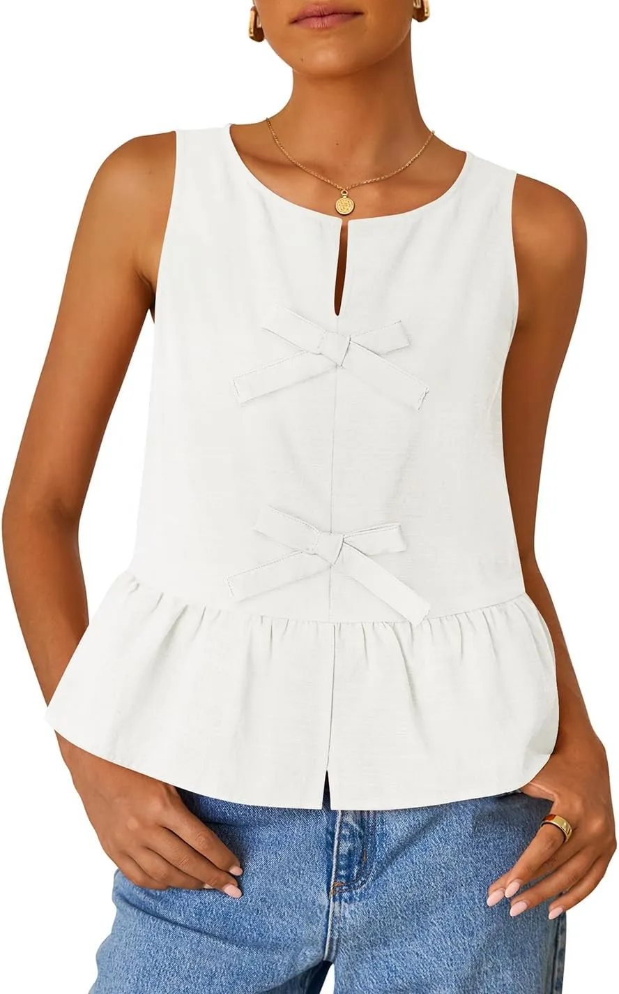ZESICA Women's Summer Sleeveless Tank Tops Crewneck Tie Front Loose Flowy Ruffle Peplum Babydoll Blouses