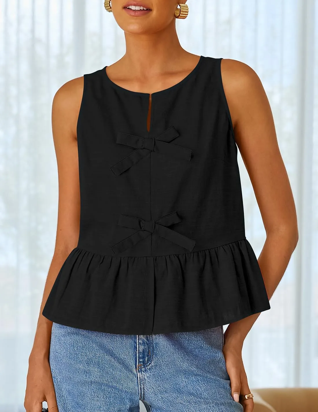 ZESICA Women's Summer Sleeveless Tank Tops Crewneck Tie Front Loose Flowy Ruffle Peplum Babydoll Blouses