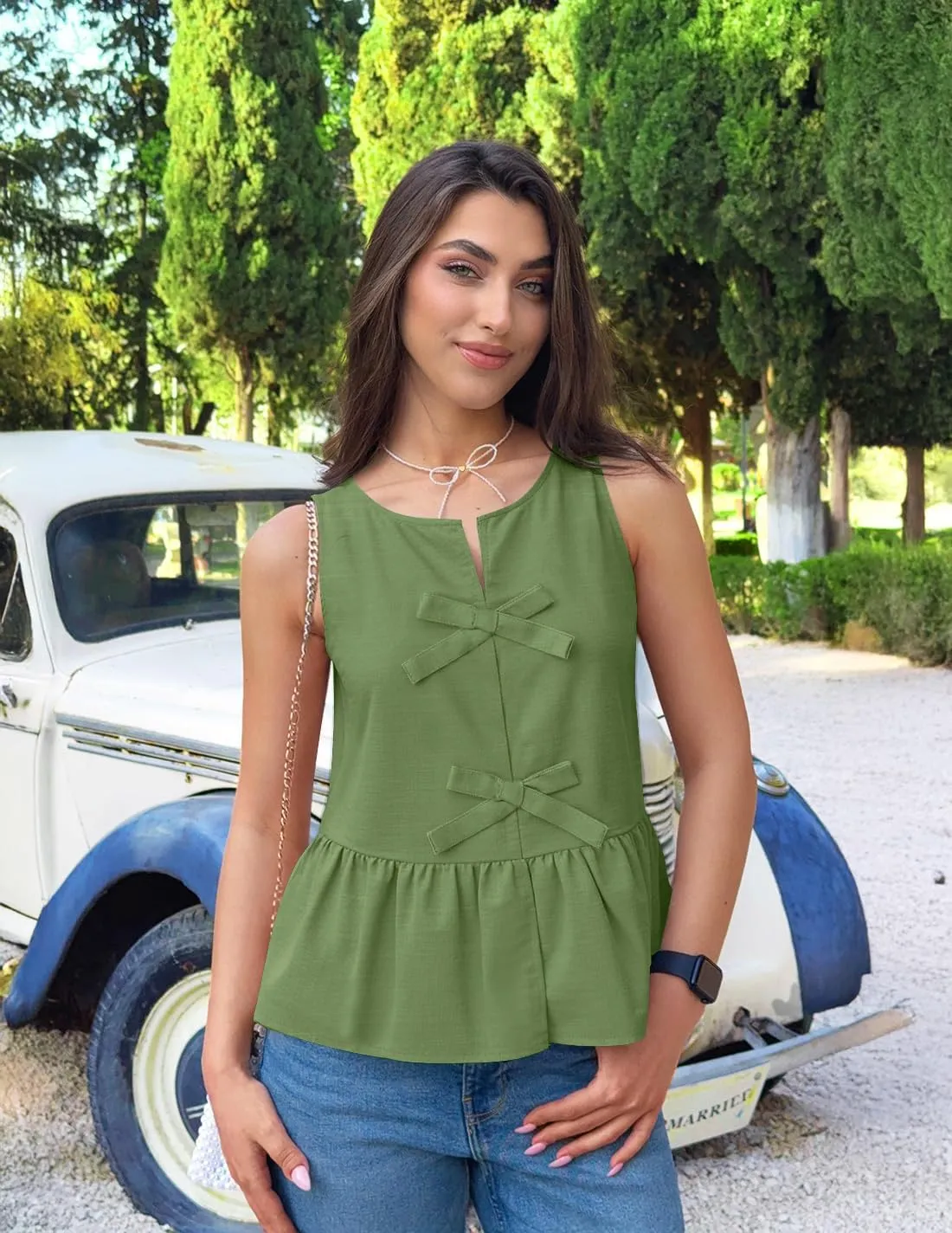 ZESICA Women's Summer Sleeveless Tank Tops Crewneck Tie Front Loose Flowy Ruffle Peplum Babydoll Blouses