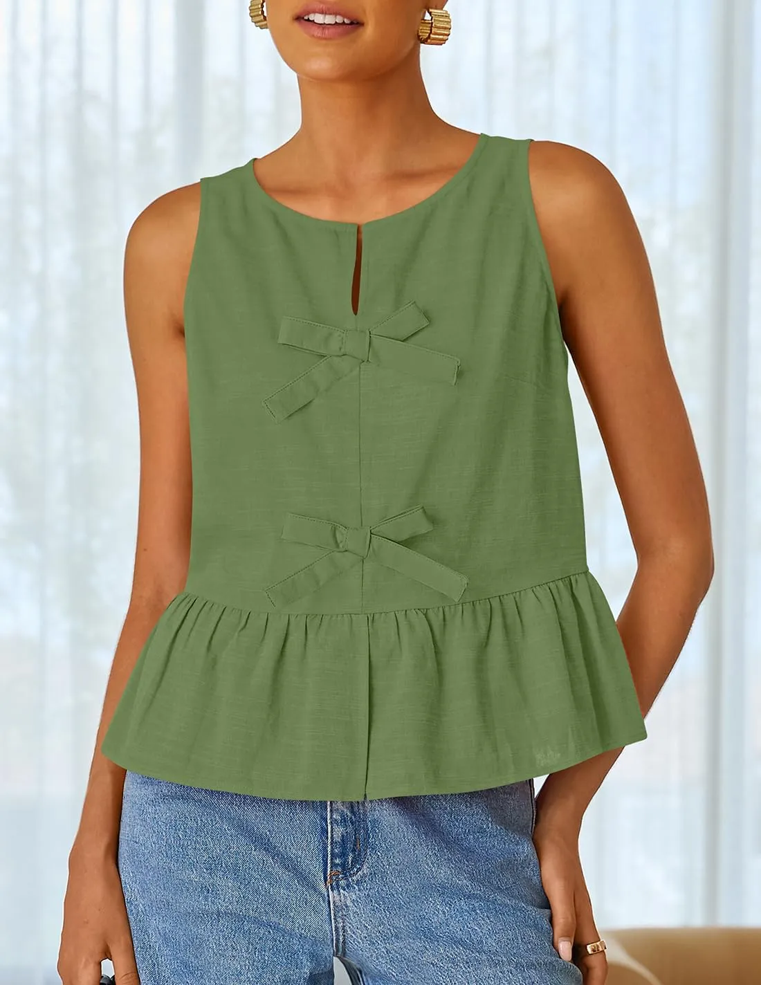 ZESICA Women's Summer Sleeveless Tank Tops Crewneck Tie Front Loose Flowy Ruffle Peplum Babydoll Blouses