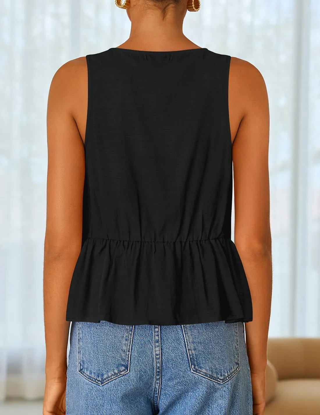 ZESICA Women's Summer Sleeveless Tank Tops Crewneck Tie Front Loose Flowy Ruffle Peplum Babydoll Blouses