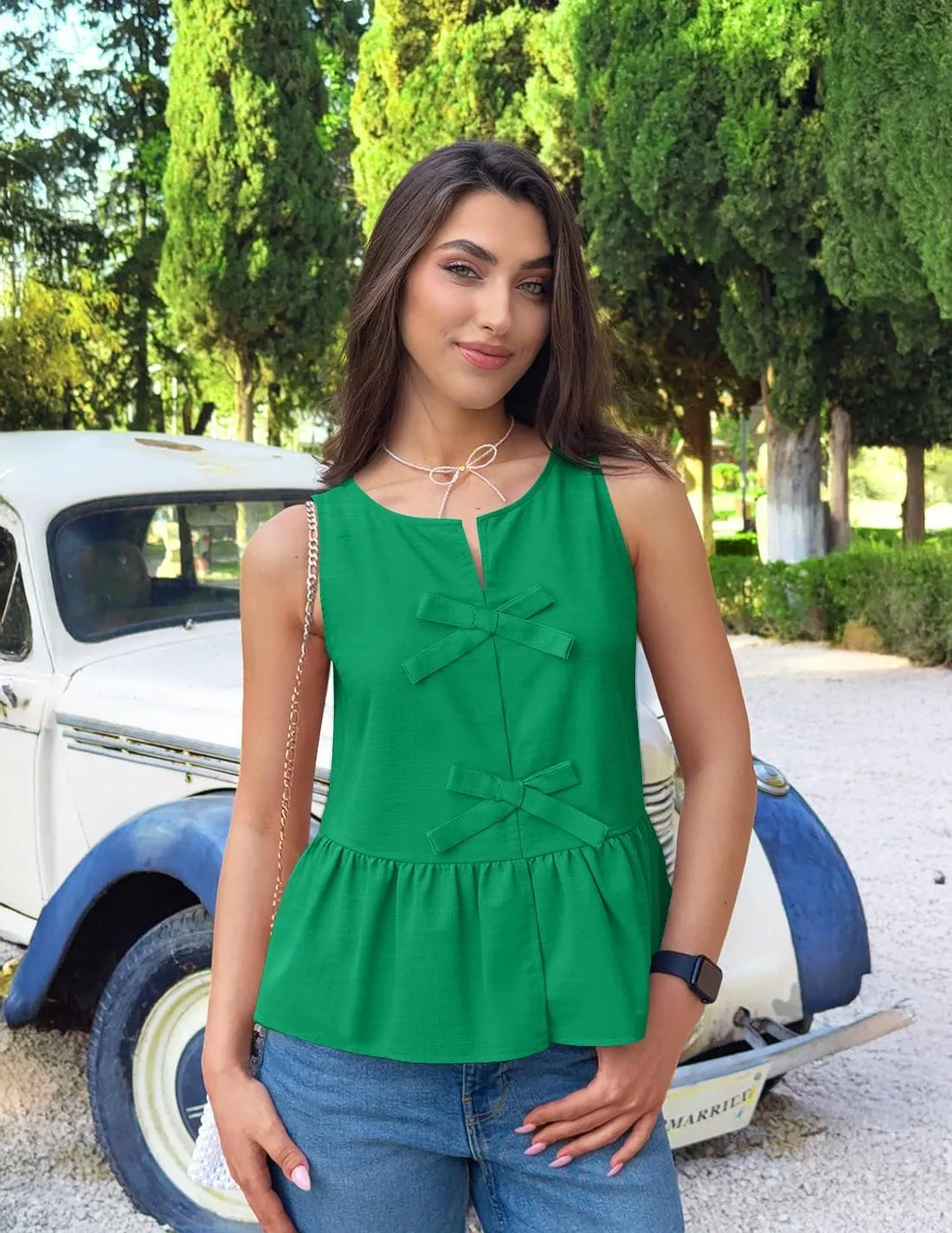 ZESICA Women's Summer Sleeveless Tank Tops Crewneck Tie Front Loose Flowy Ruffle Peplum Babydoll Blouses