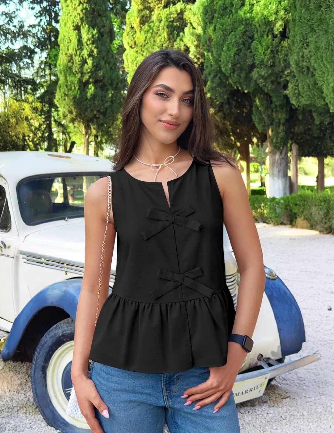 ZESICA Women's Summer Sleeveless Tank Tops Crewneck Tie Front Loose Flowy Ruffle Peplum Babydoll Blouses