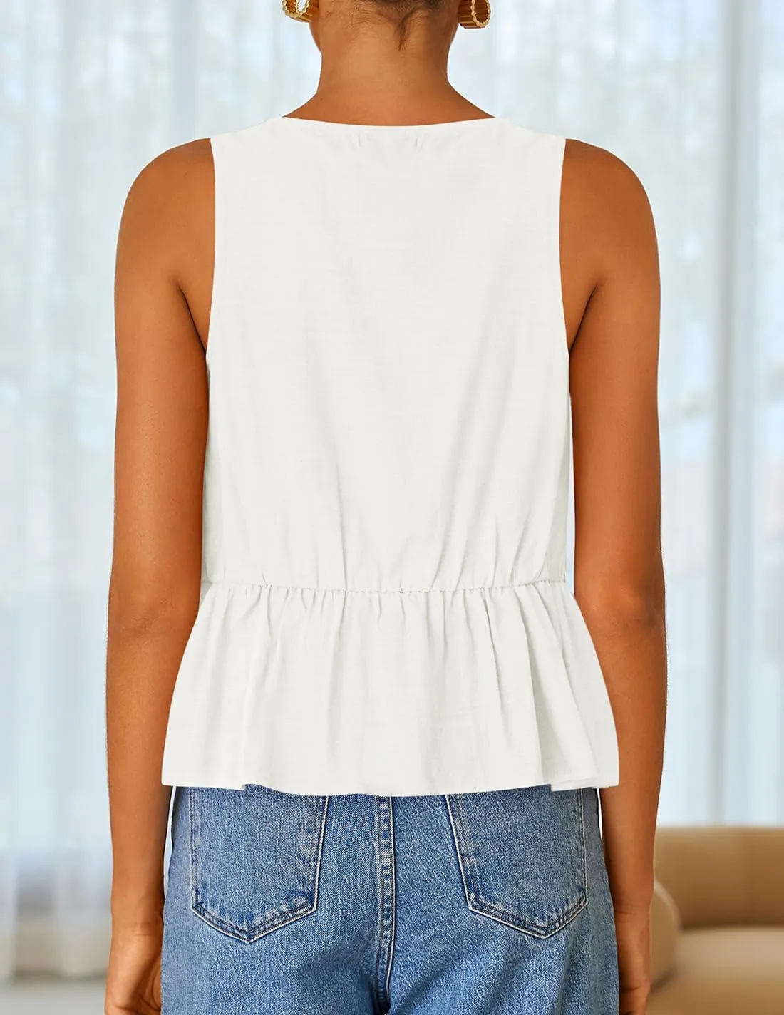 ZESICA Women's Summer Sleeveless Tank Tops Crewneck Tie Front Loose Flowy Ruffle Peplum Babydoll Blouses